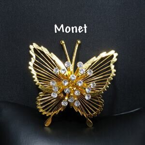 Vintage Monet Gold Tone Wire Butterfly Brooch, Clear Rhinestones Center